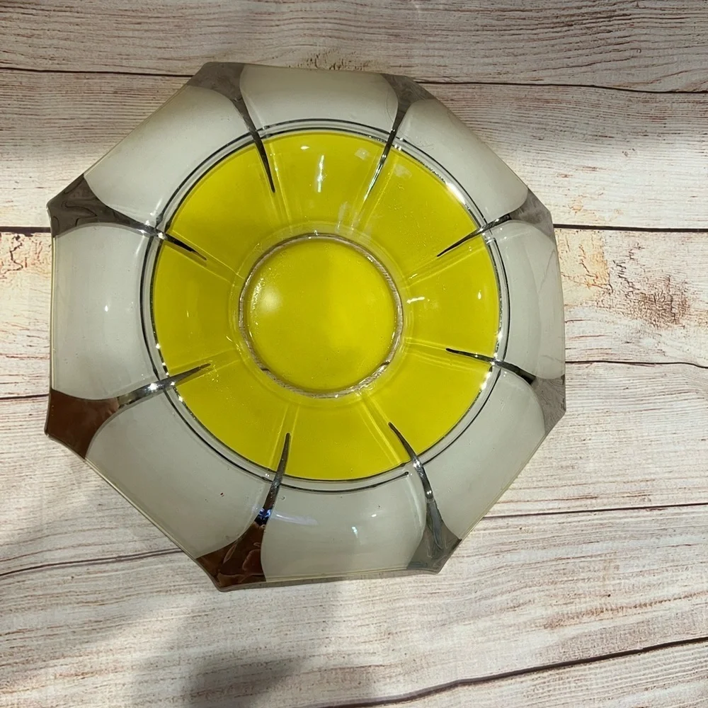 Art Deco Fired On Yellow, White and Silver Large Serving Bowl Decorative Vintage